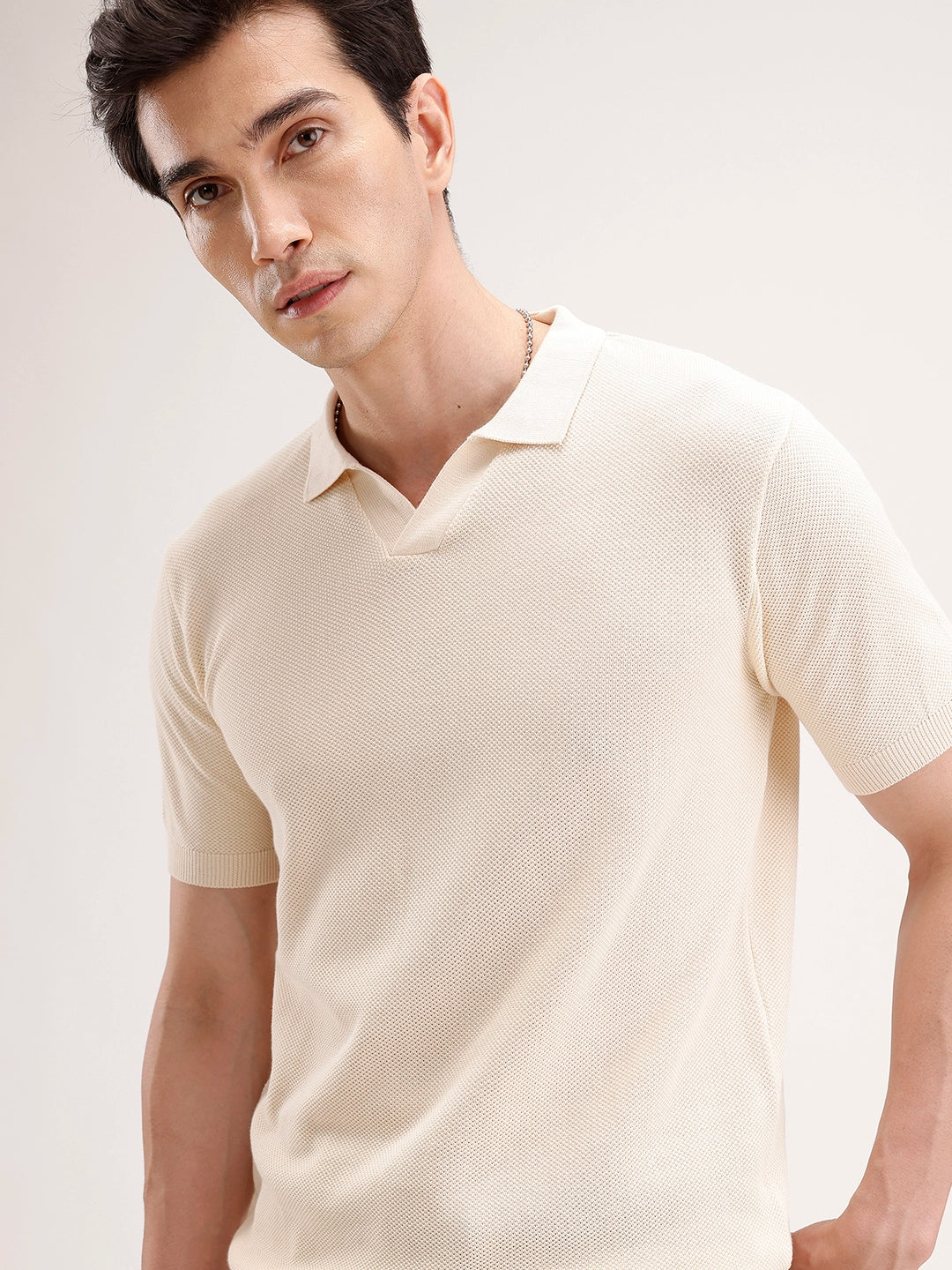 Slim Fit Flat Knit Polo T-Shirt | Beige