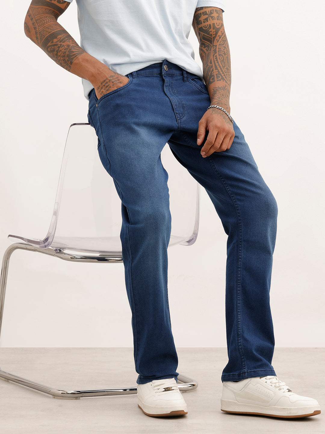 Faded Straight Fit Denim Jeans | Dark Blue