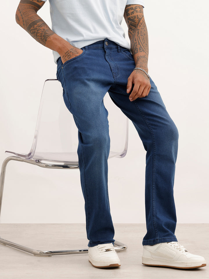 Faded Straight Fit Denim Jeans | Dark Blue