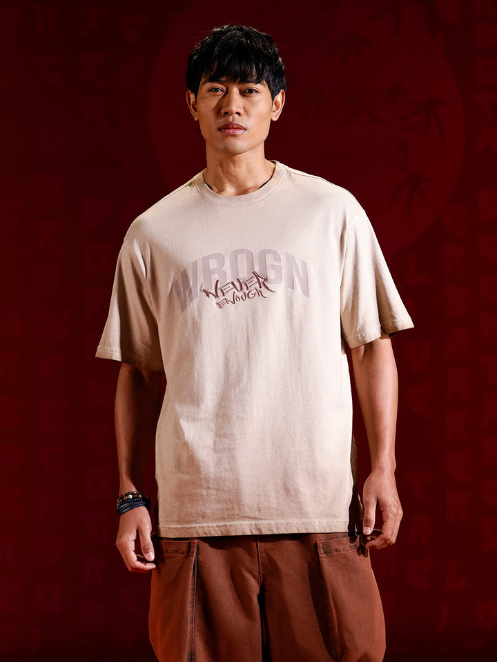 Casual oversized T-shirt with statement chest print & Embroidery | Brown