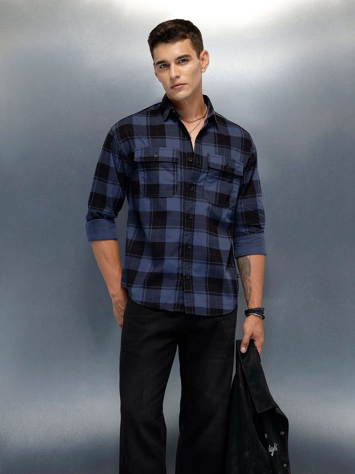 Men's Casual Oversized Fit Checkered Pattern Shirt | Blue