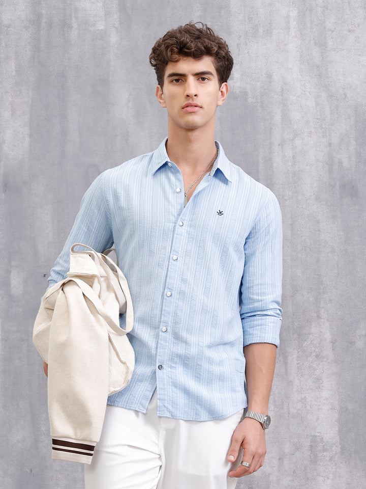 Modal Blend Seersucker Shirt In Slim Fit | Light Blue