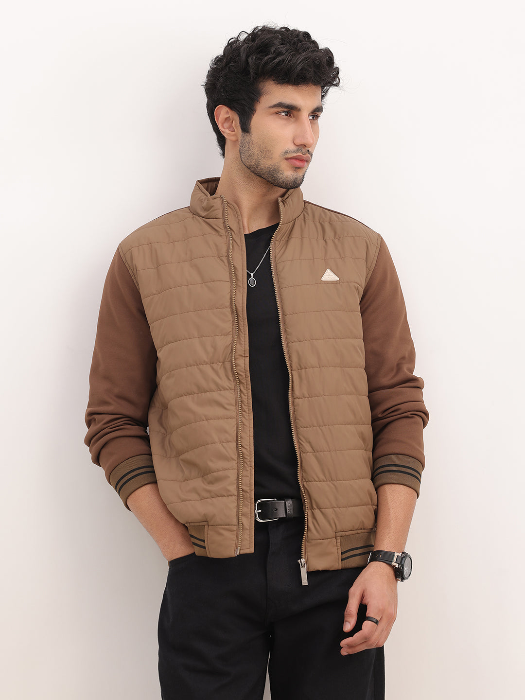Solid Tipping Sleeve Puffer Jacket | Brown
