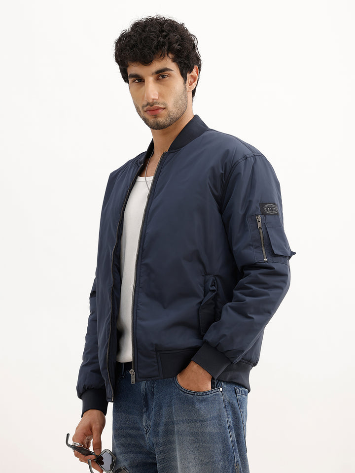 Solid Comfort Fit Puffer Bomber Jacket | Blue