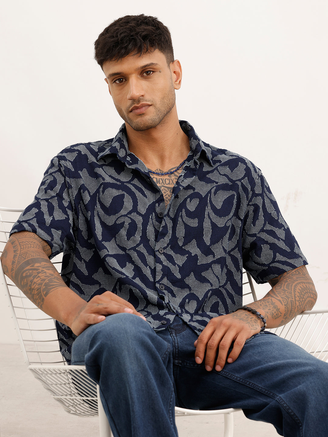 Classic Comfort Fit Jacquard Shirt | Navy Blue