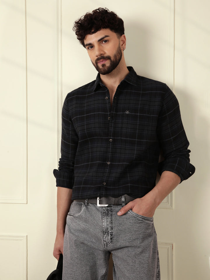 Textured Tonal Check Shirt | Navy Blue