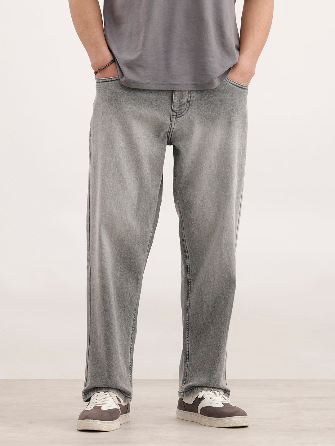 Loose Fit Faded Denim Jeans  | Grey