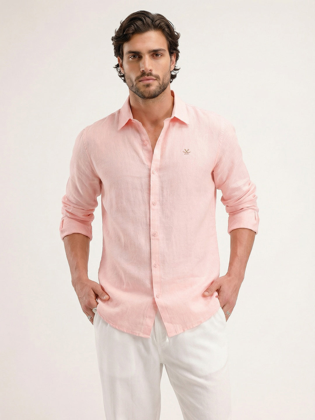 Solid 100% Linen Slim Fit Shirt | Pink