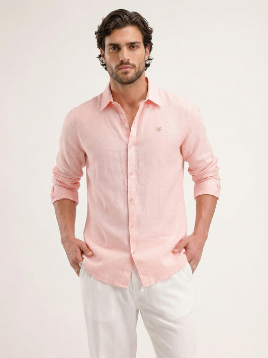 Solid 100% Linen Slim Fit Shirt | Pink
