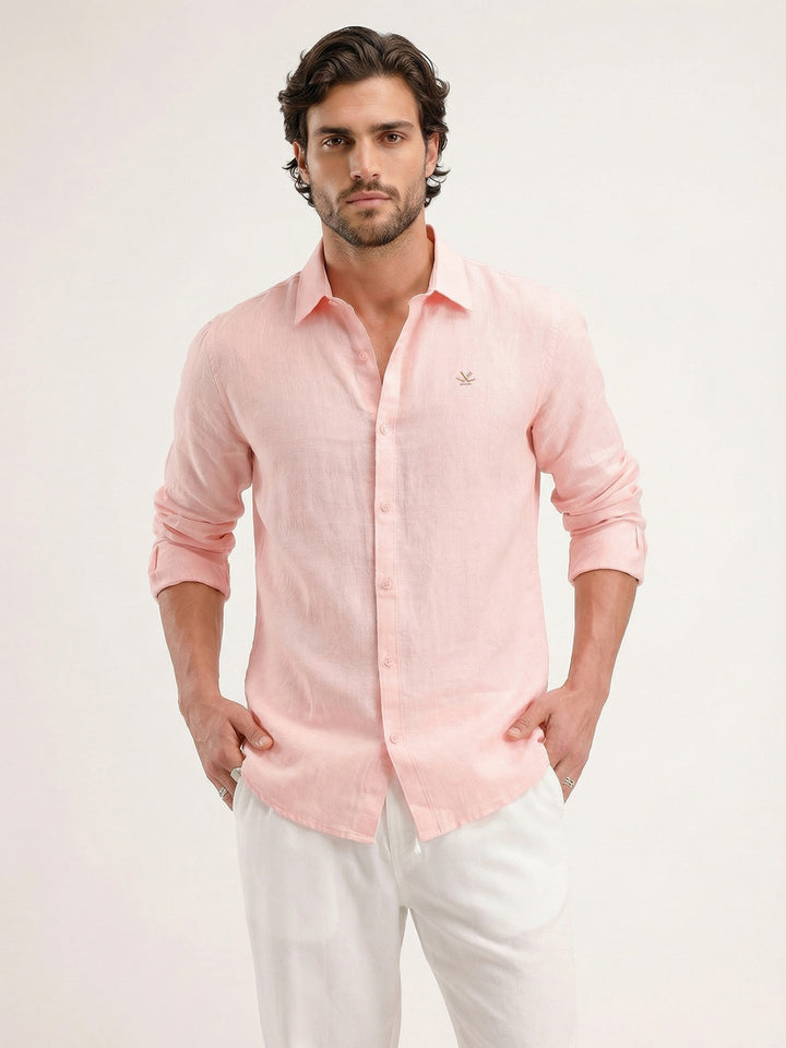 Solid 100% Linen Slim Fit Shirt | Pink