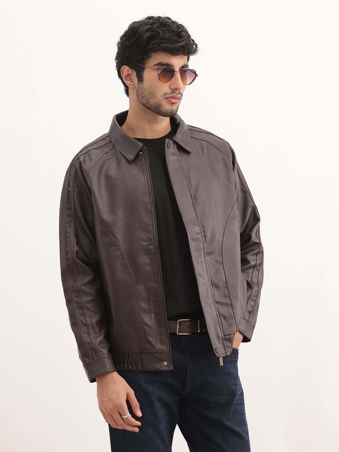 Solid Comfort Fit Zipper Jacket | Brown