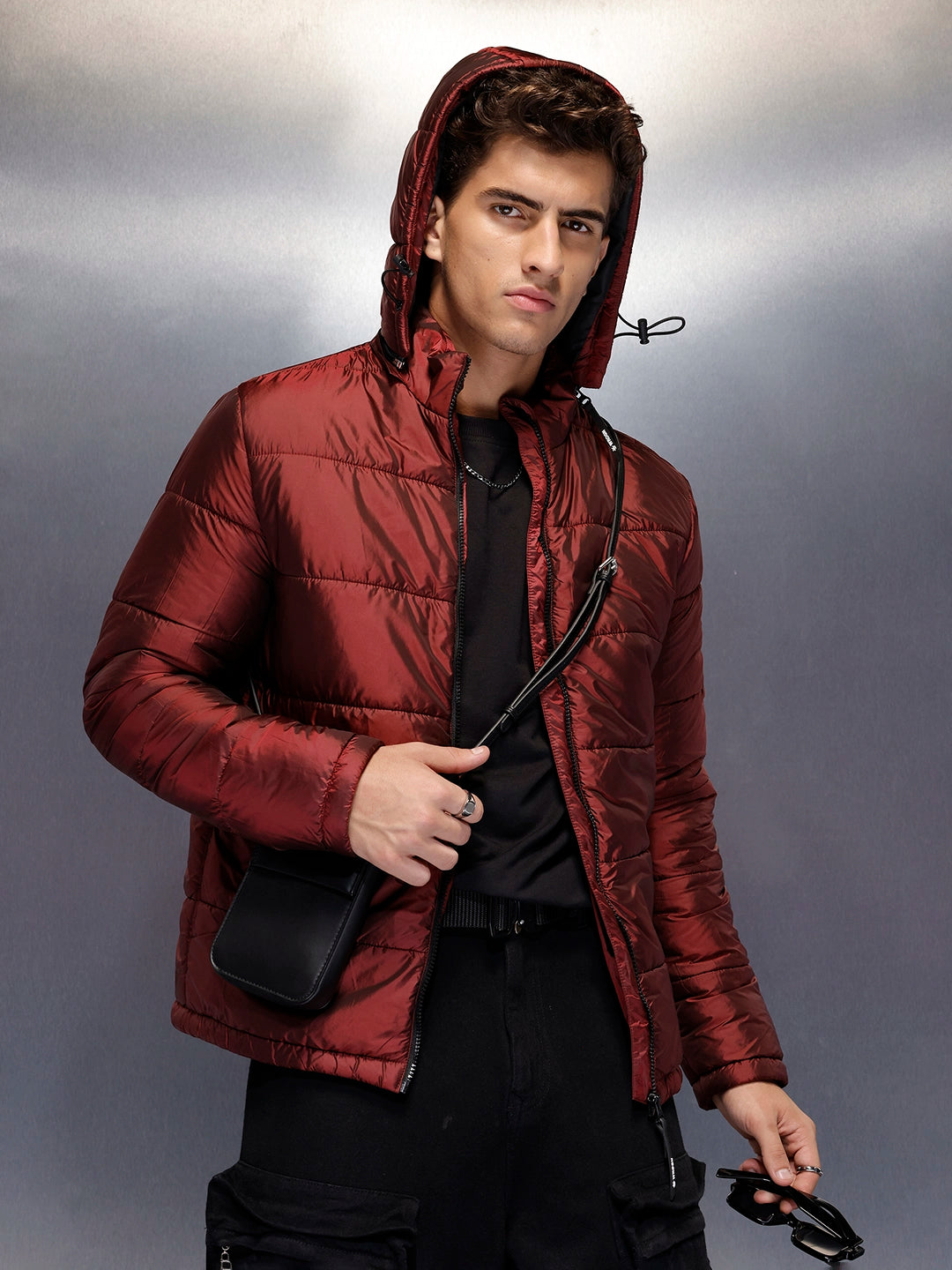 Metallic puffer jacket with hood | Wine