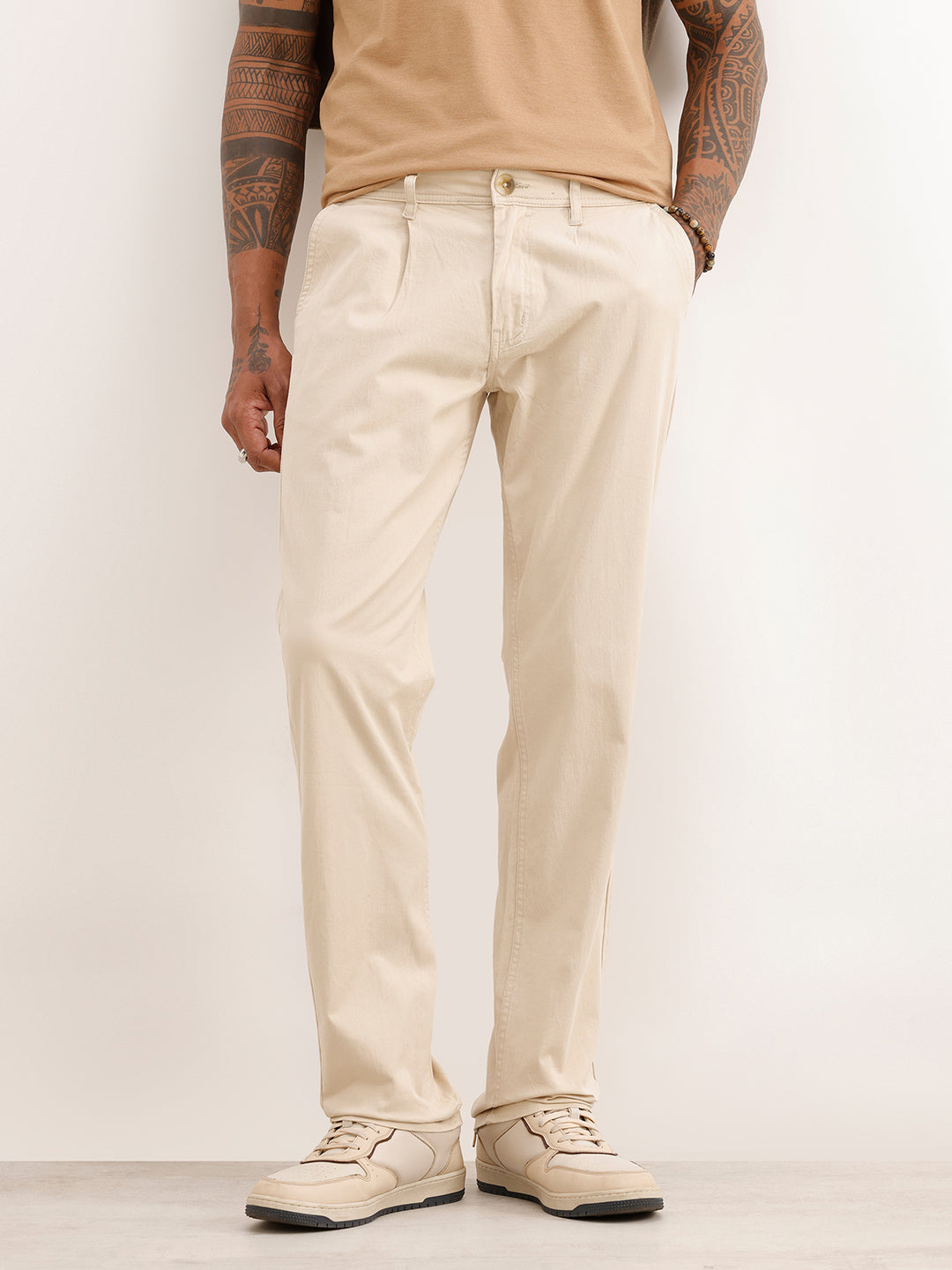Solid Slim Fit Pleated Trouser | Off White