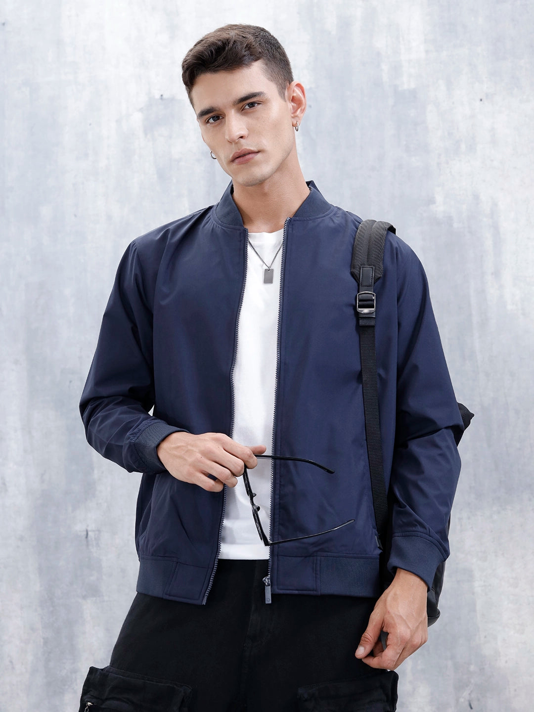 Men's Solid Casual Regular Fit Bomber Jacket Navy Blue Wrogn