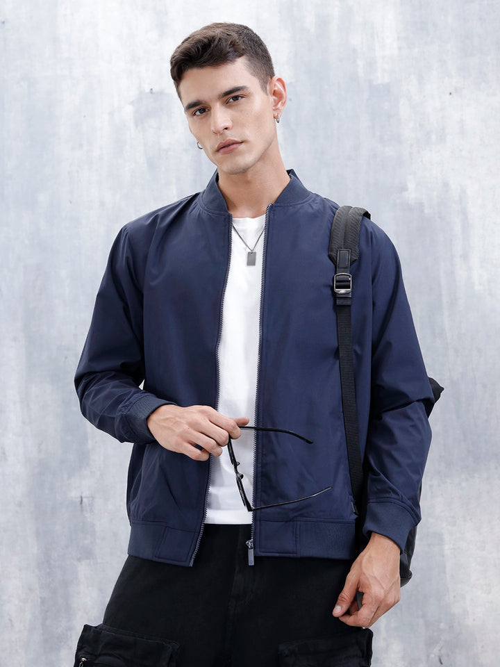 Men's Solid Casual Regular Fit Bomber Jacket | Navy Blue