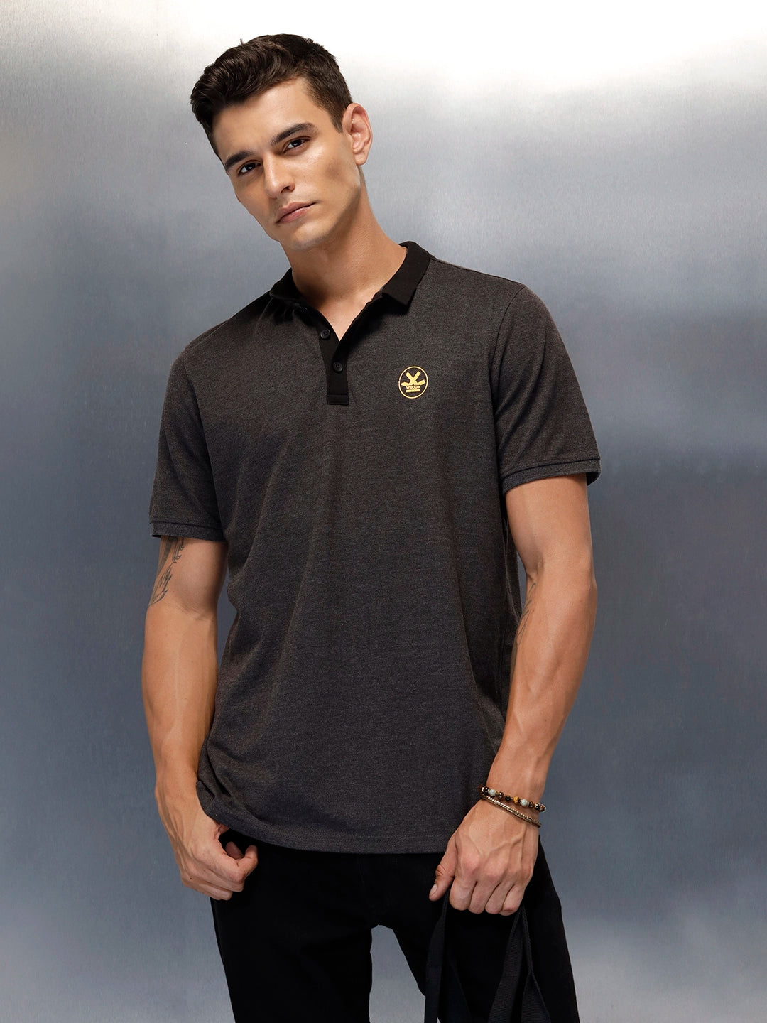 Regualr Fit Polo T-Shirt With Tonal Neck Detail | Grey