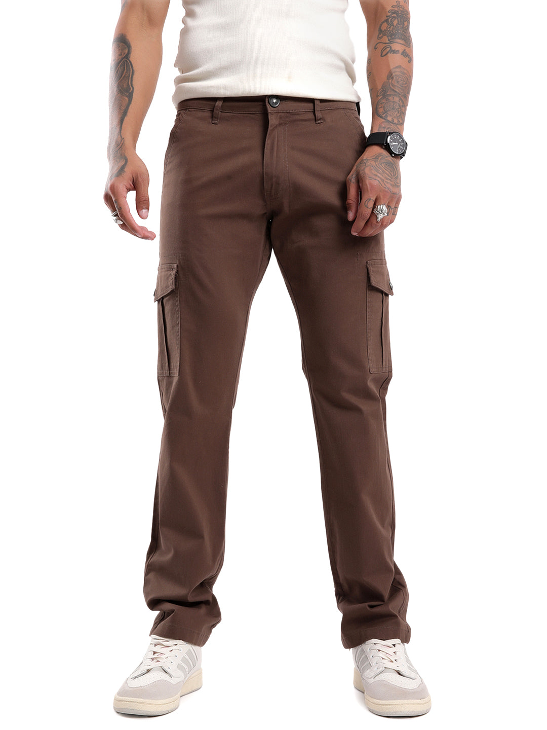 Brown Straight Fit Cargo Trousers