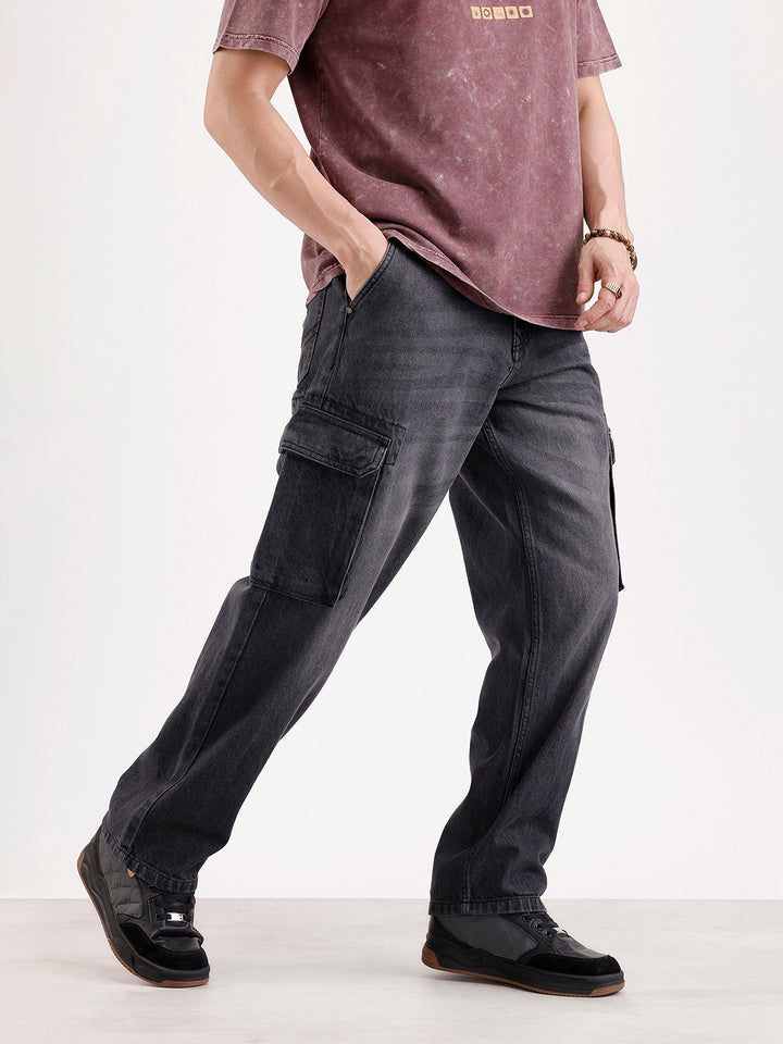 Washed Loose Fit Cargo Denim   |  Grey