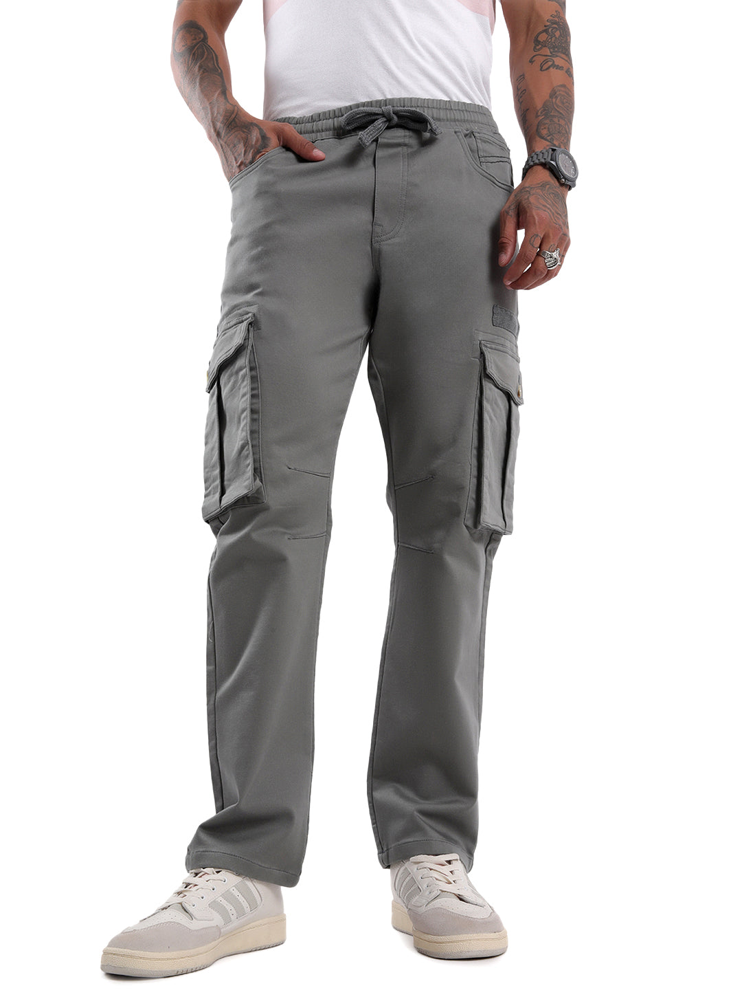 Grey Straight Fit Cargo Trousers