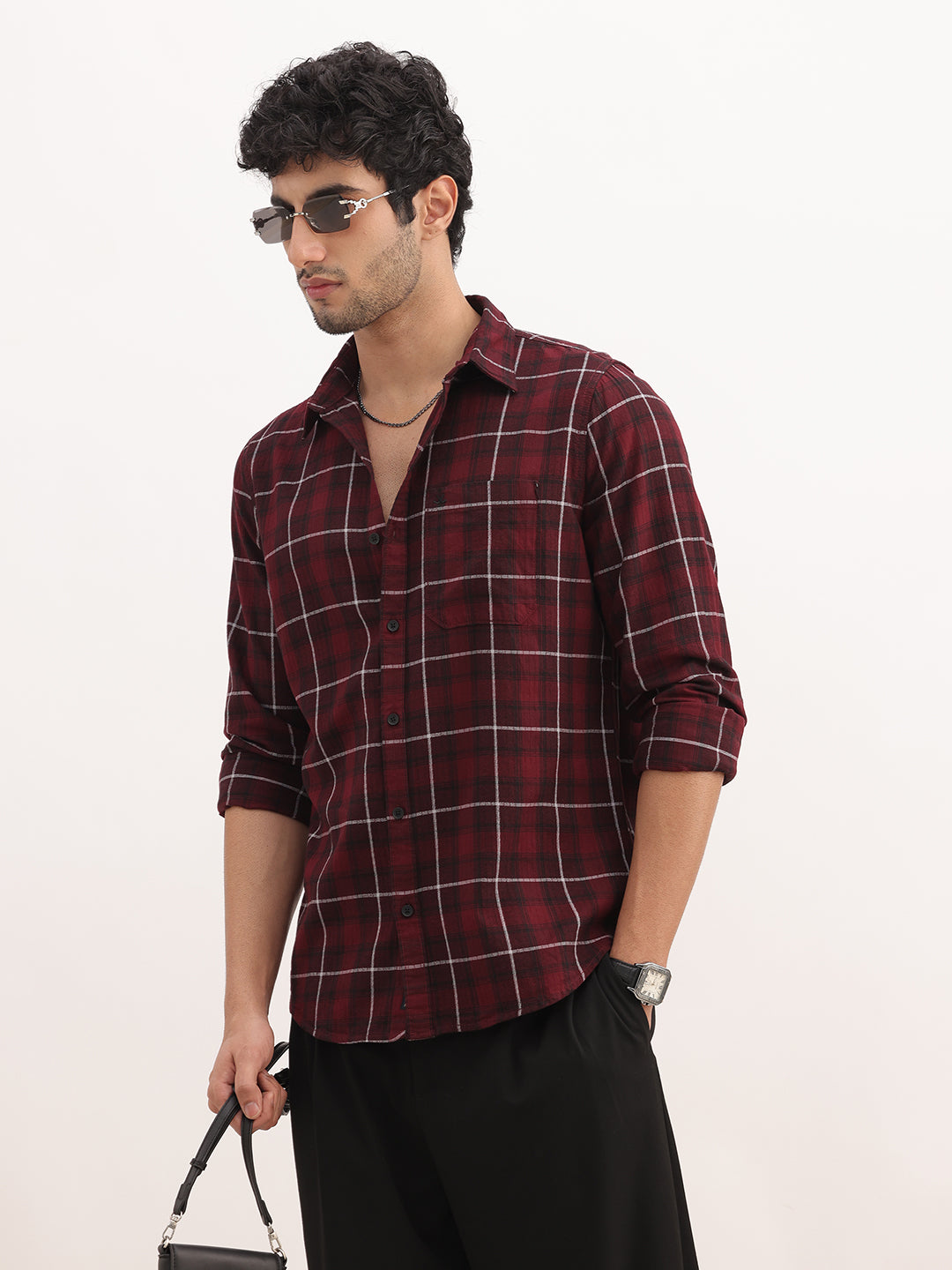 Slim Fit Checkered Full Sleeve Shirt | Maroon