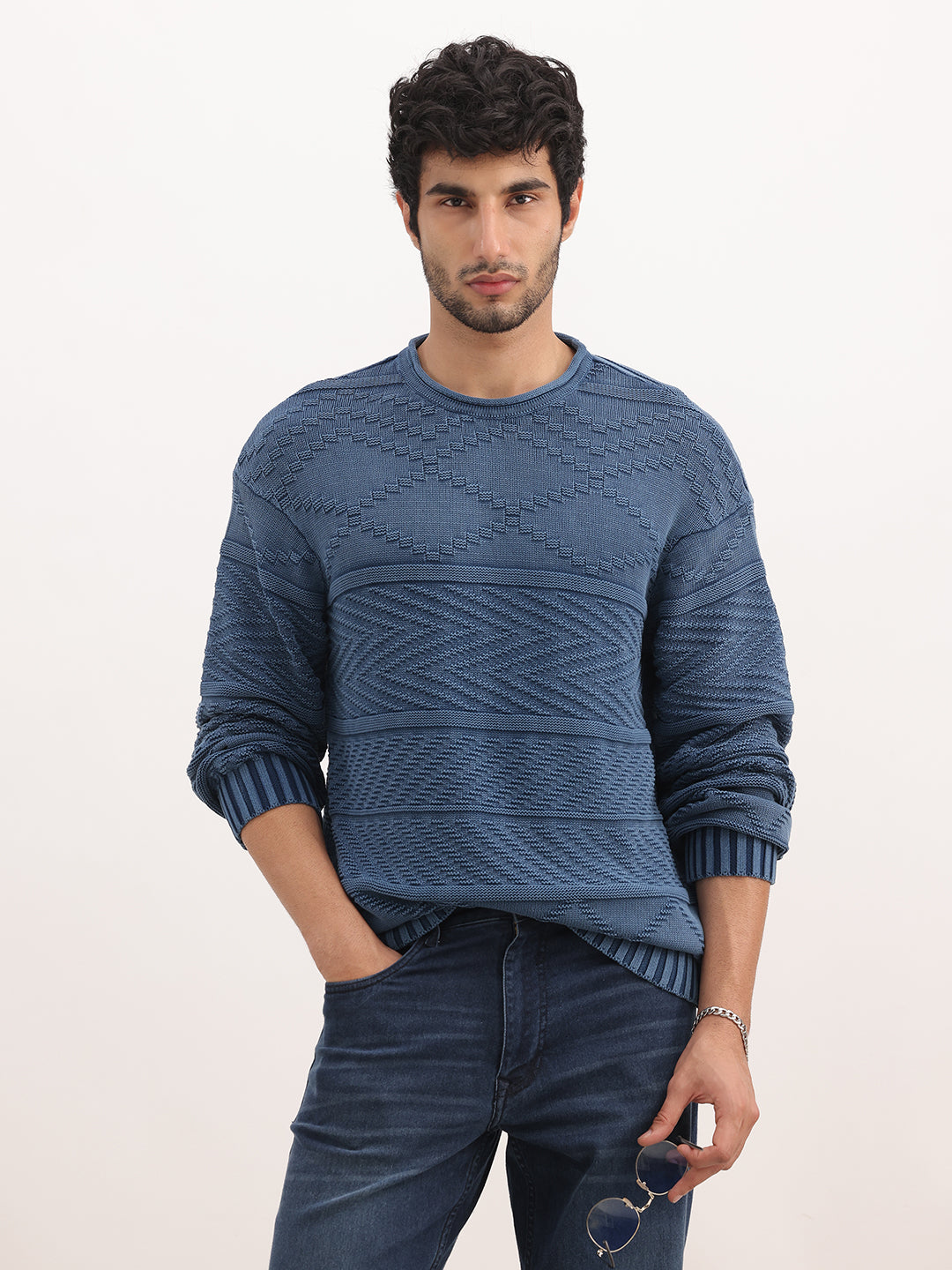 Textured Oversized Fit Knitted Sweater | Blue