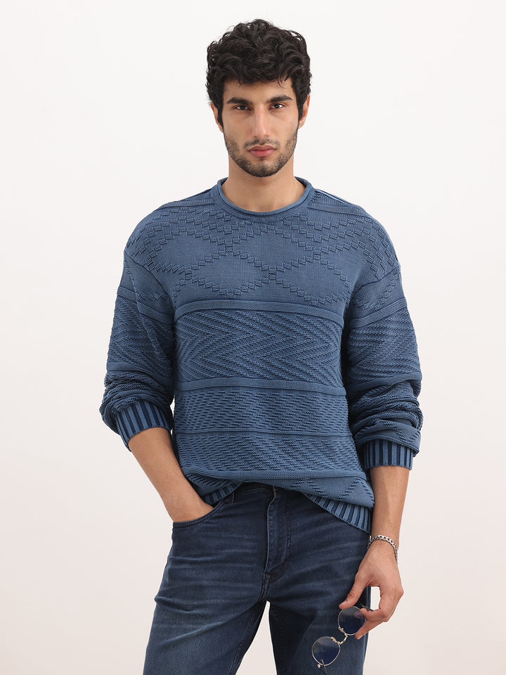 Textured Oversized Fit Knitted Sweater | Blue