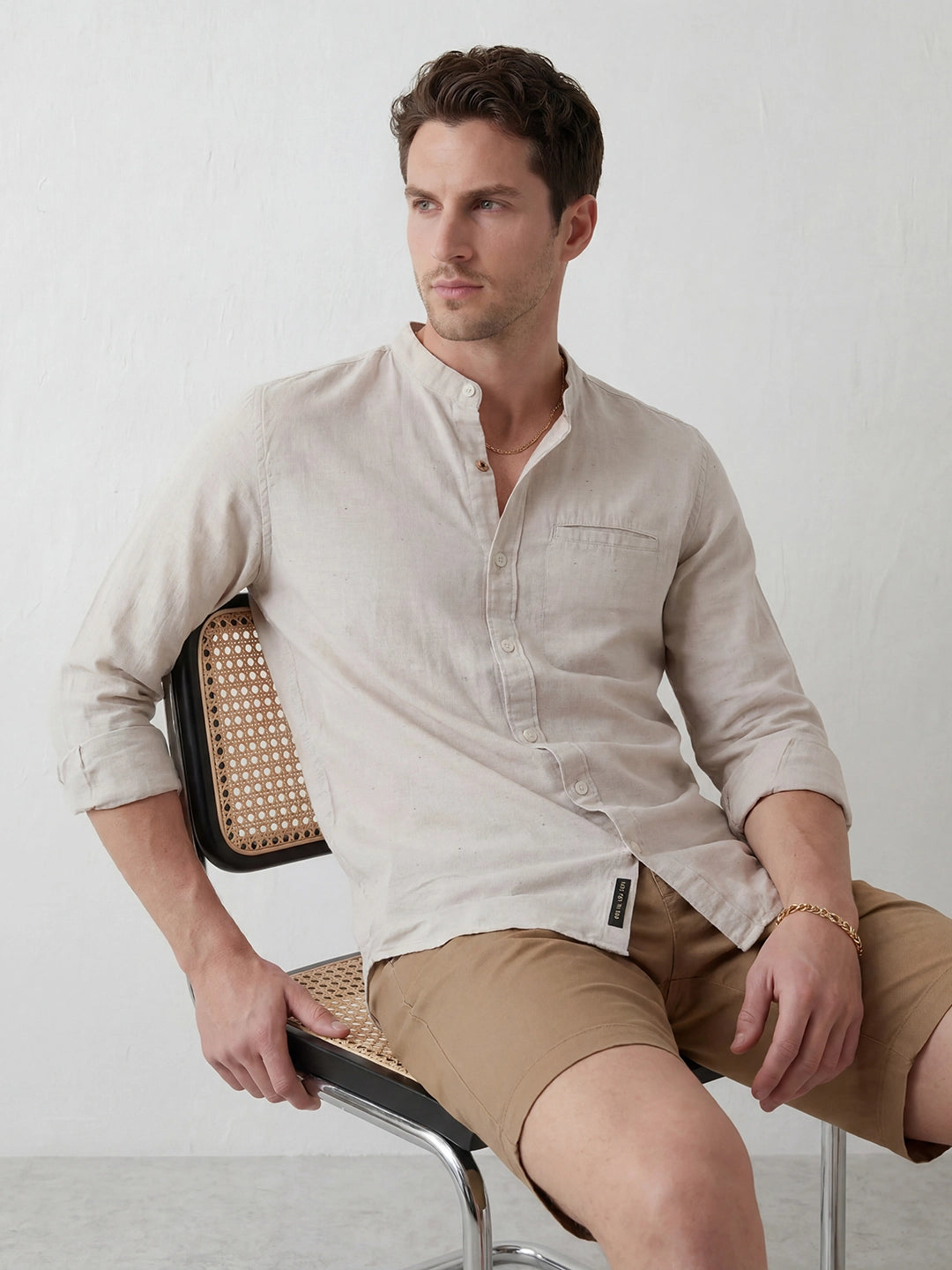 Classic Solid Mandrin Collar Shirt | Grey