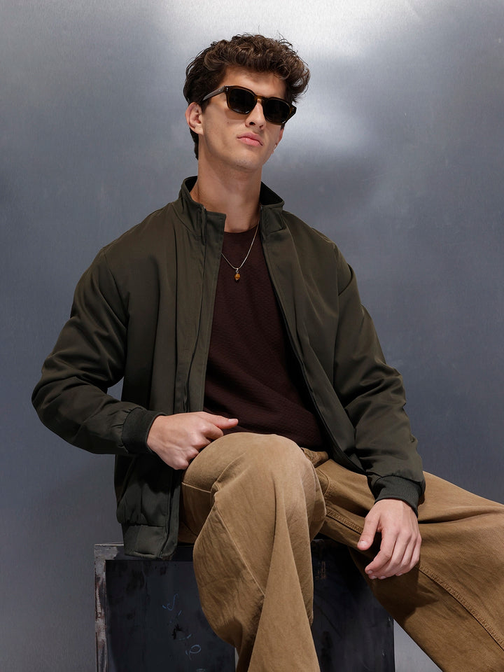 Minimal Olive Zip-Up Bomber Jacket | Olive