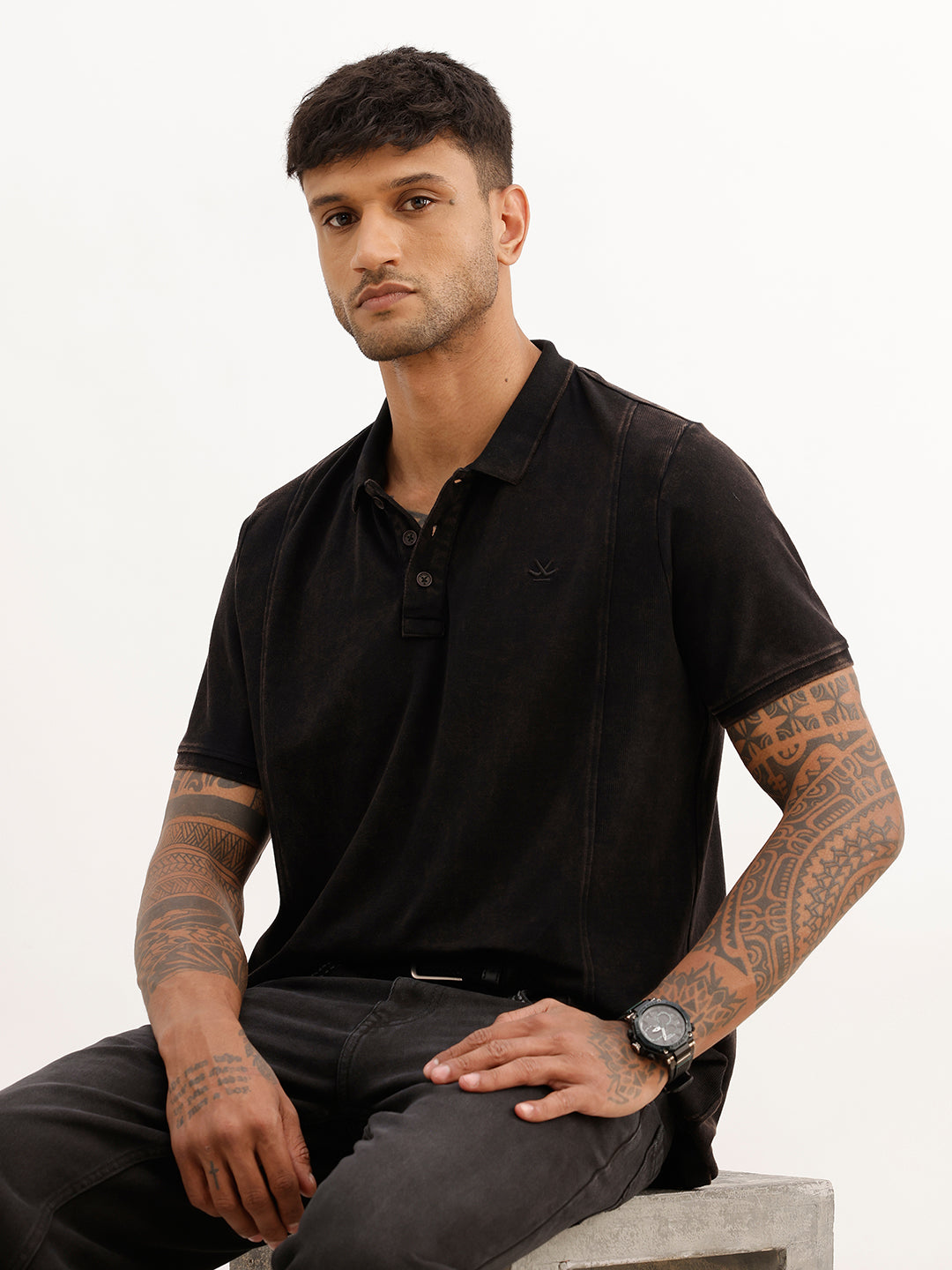 Slim Fit Faded Cut & Sew Polo T-Shirt | Black