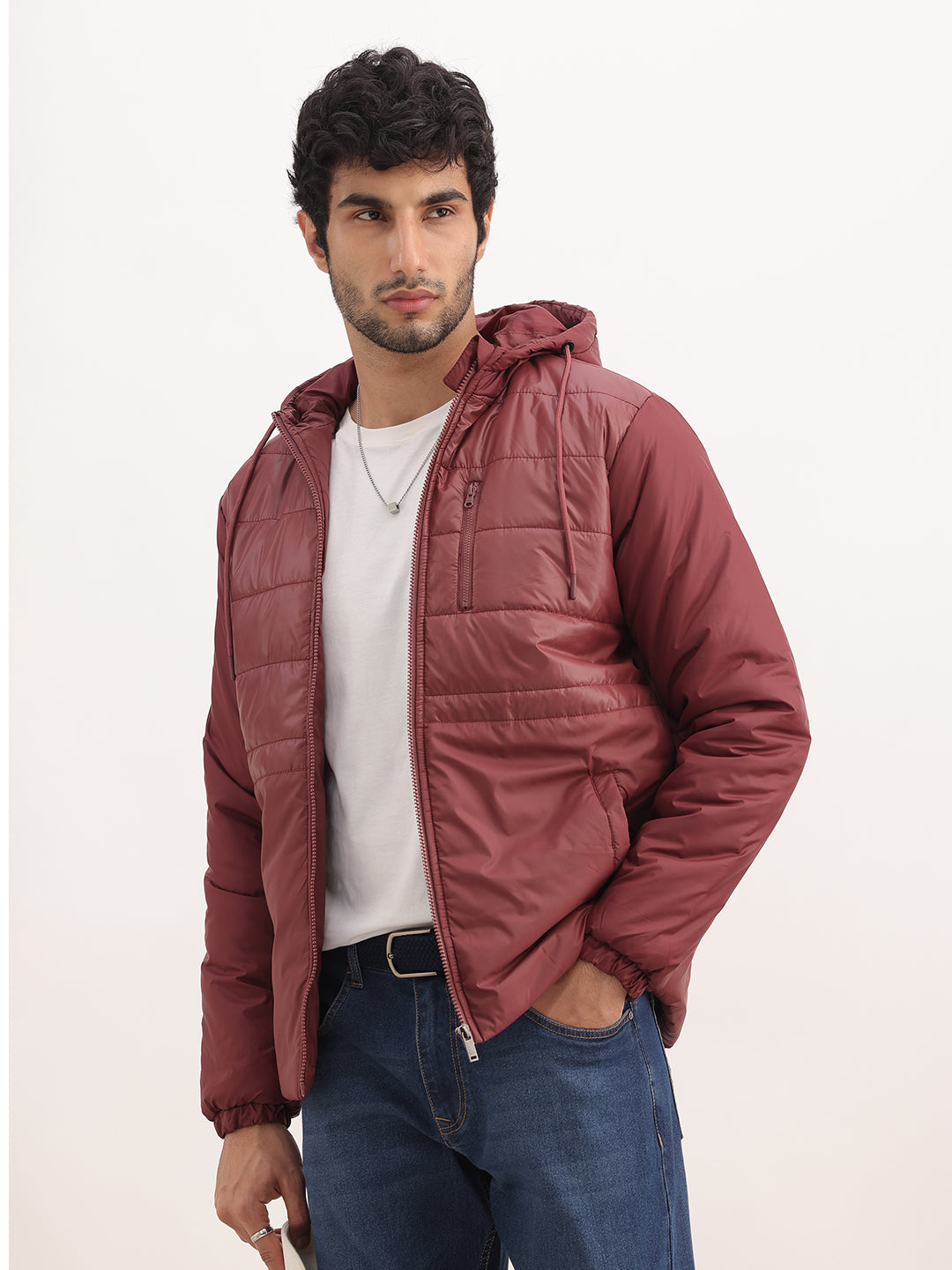 Solid Hooded Puffer Jacket | Wine