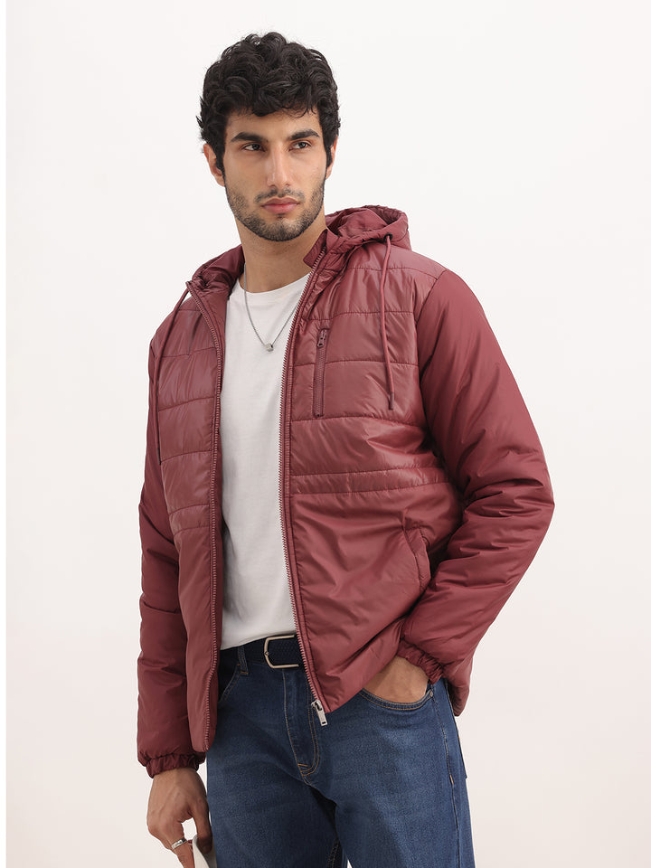 Solid Regular Fit Hooded Puffer Jacket | Wine