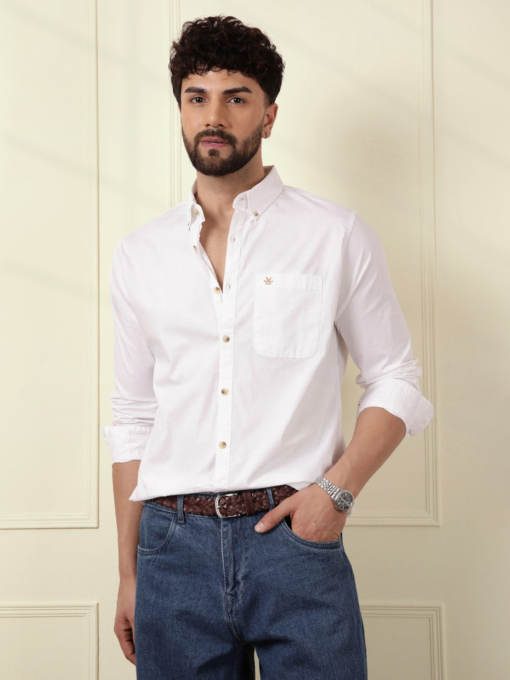 Solid Cotton Blend Stretch Shirt | White