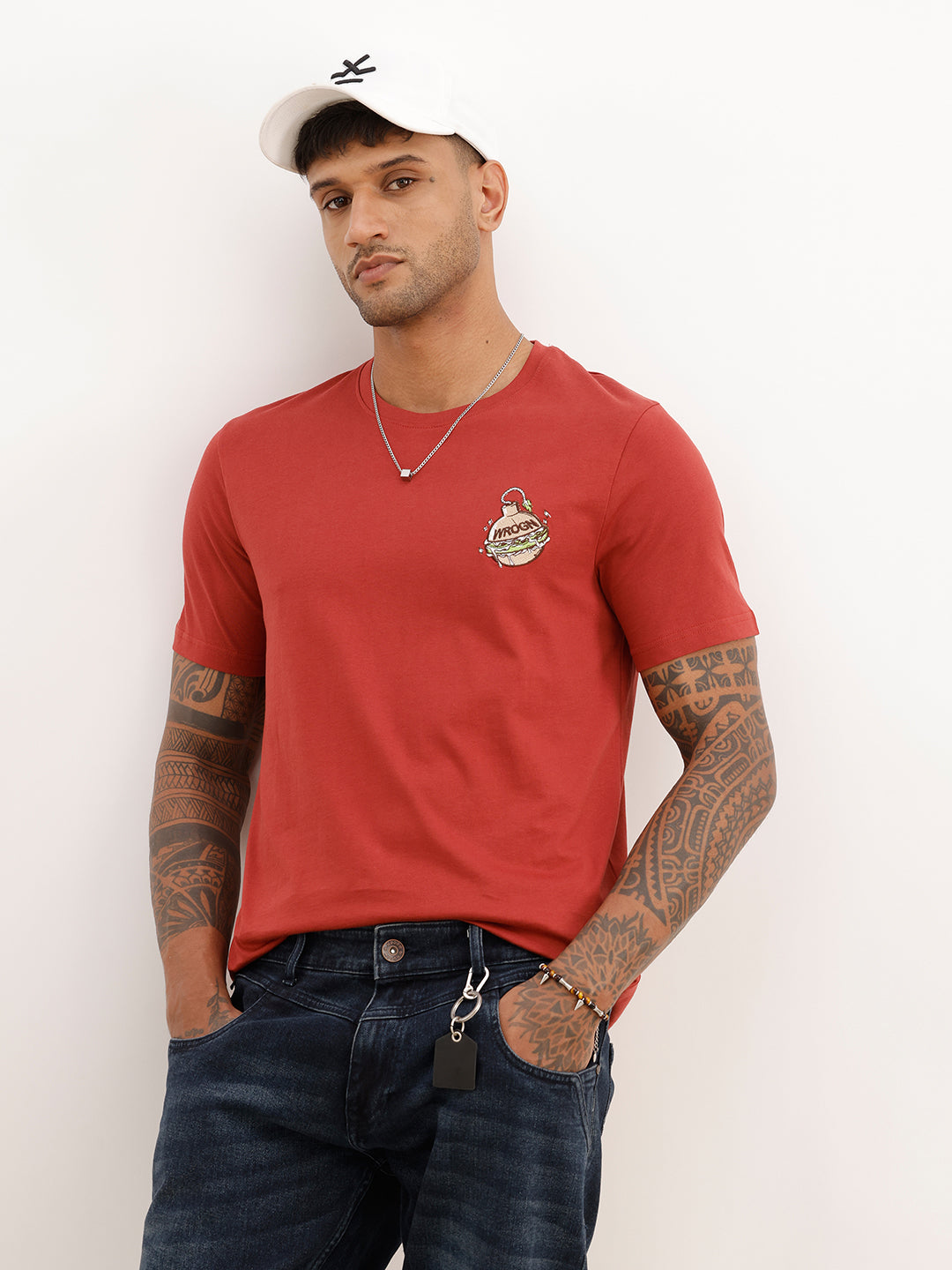 Slim Fit Embroidered Patch Detail T-Shirt | Red | WTS02HSSL1581S