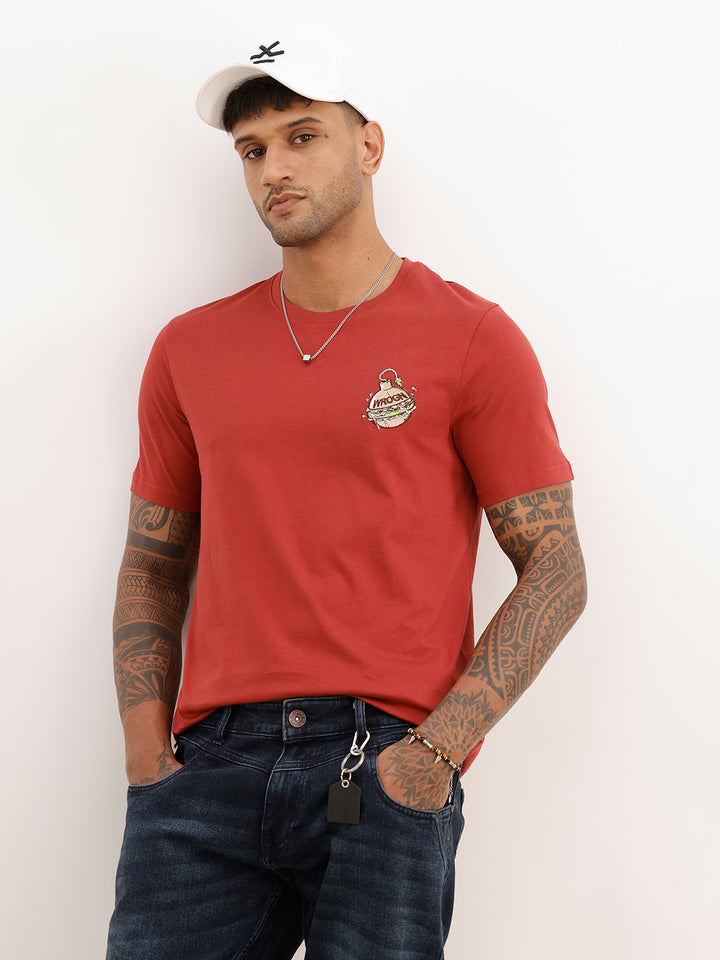 Slim Fit Embroidered Patch Detail T-Shirt | Red