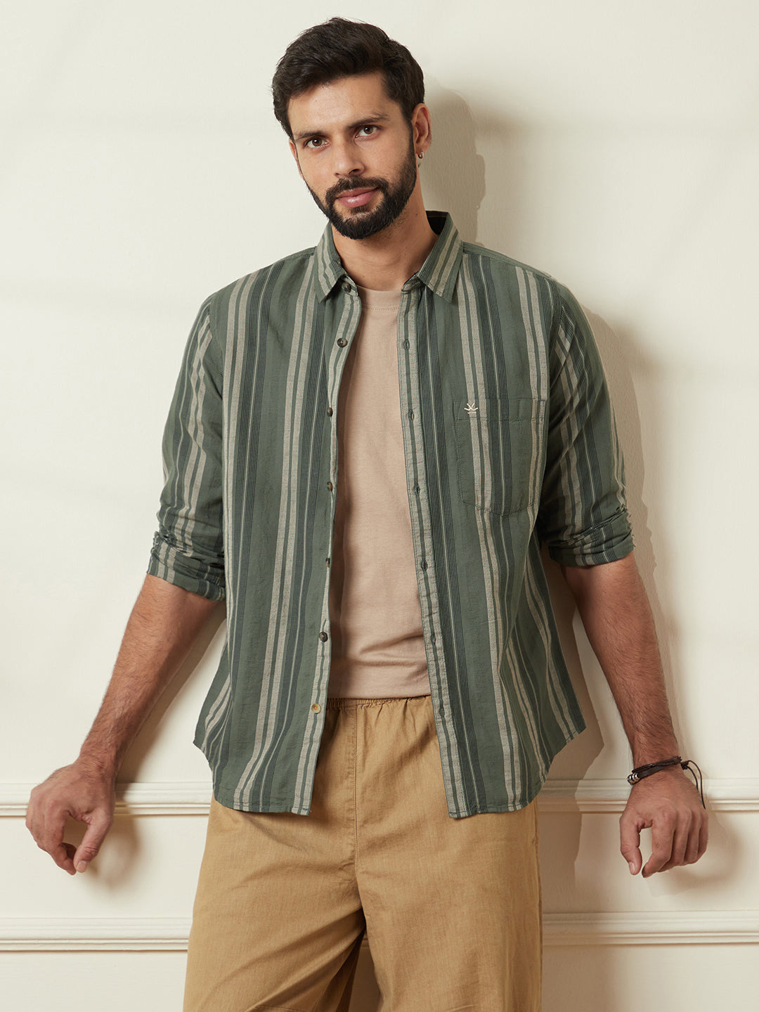 Striped Full Sleeve Shirt in Green