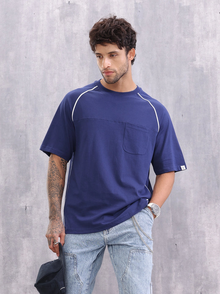 Raglan Sleeve Sporty Look Oversized Fit T-shirt With Patch Pocket | Blue