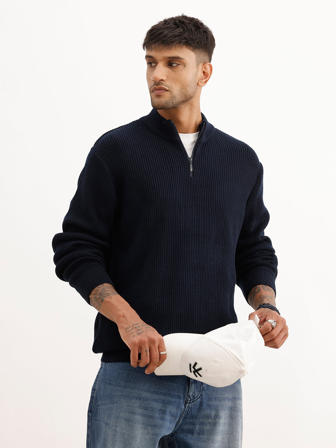 Regular Fit Textured Quater Zipper Sweater | Blue