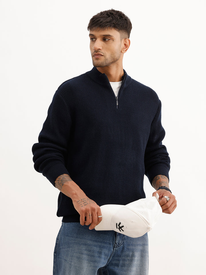 Regular Fit Textured Quater Zipper Sweater | Blue