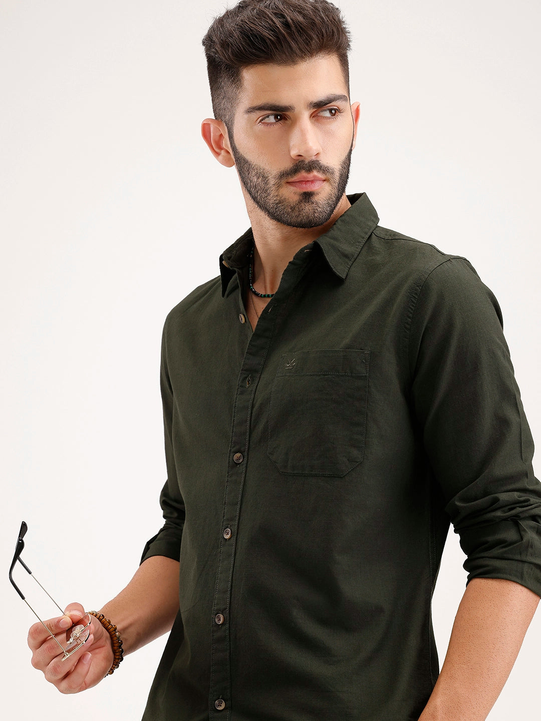 Solid Regular Fit Linen Blend Shirt | Olive