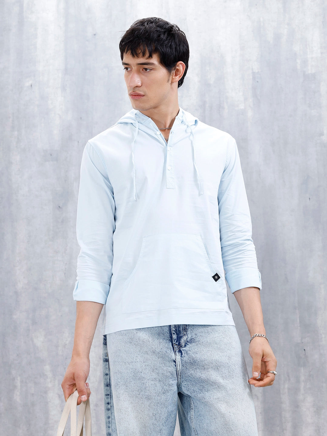 Wrogn Men's Casual Hooded Henley Shirt | Light Blue
