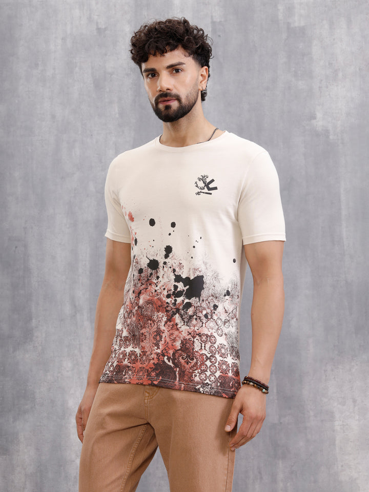 Tapestry Inspired Distressed Ombré Print T-Shirt | Beige