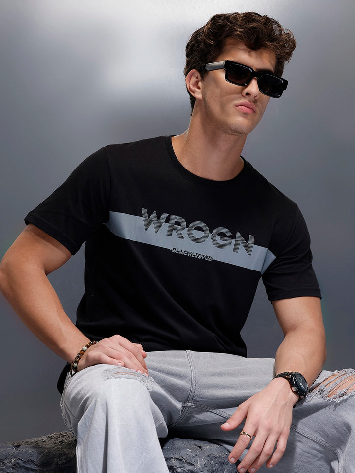Placement Printed Regular Fit T-Shirt   |  Black