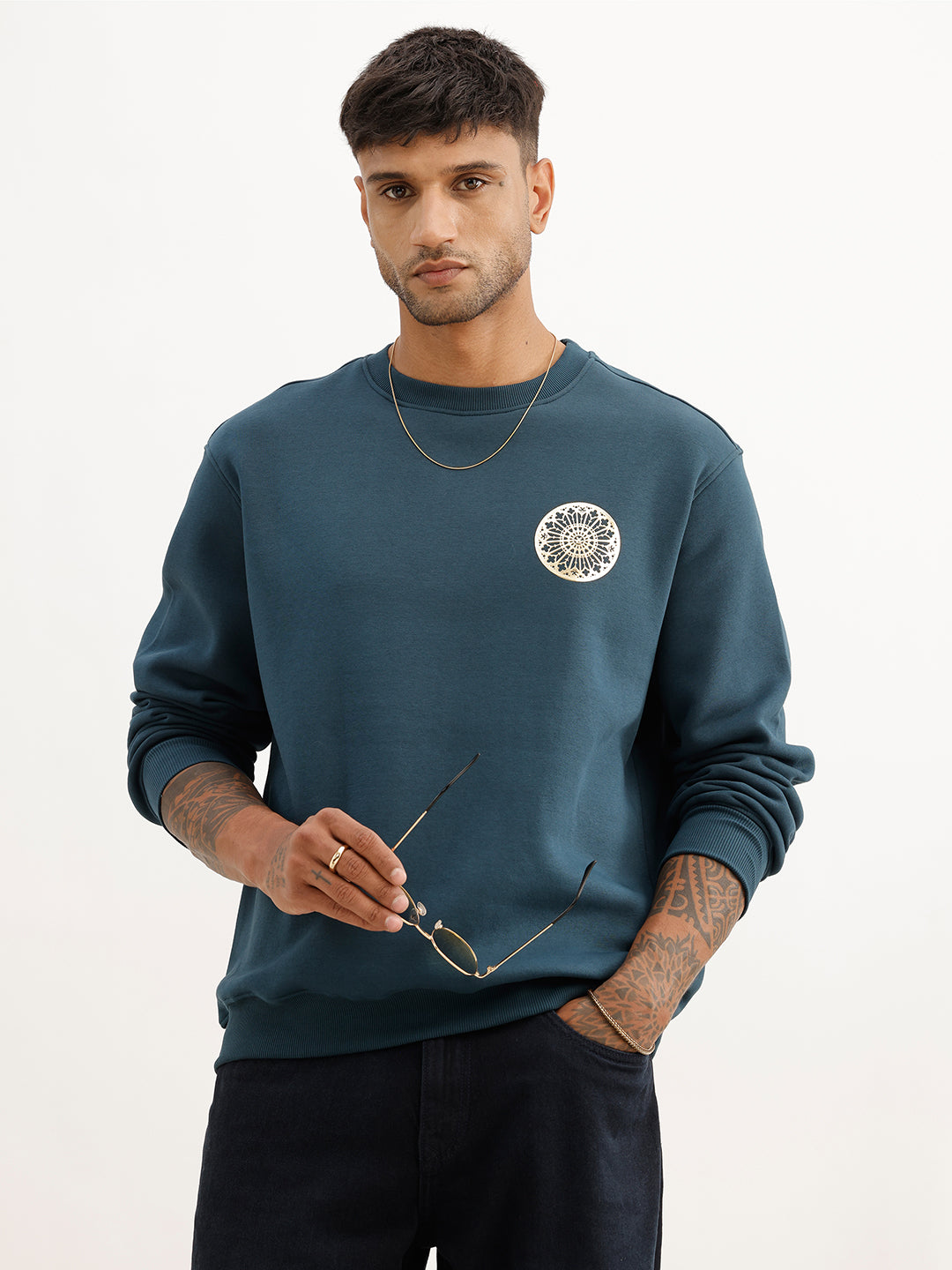 Comfort Fit Foil Printed Sweatrshirt | Teal