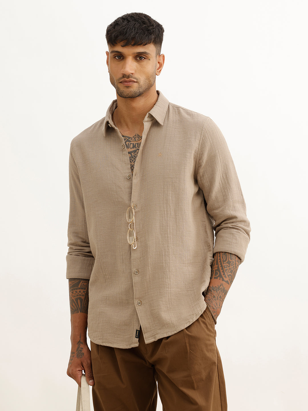 Solid Slim Fit 100% Cotton Shirt | Khaki