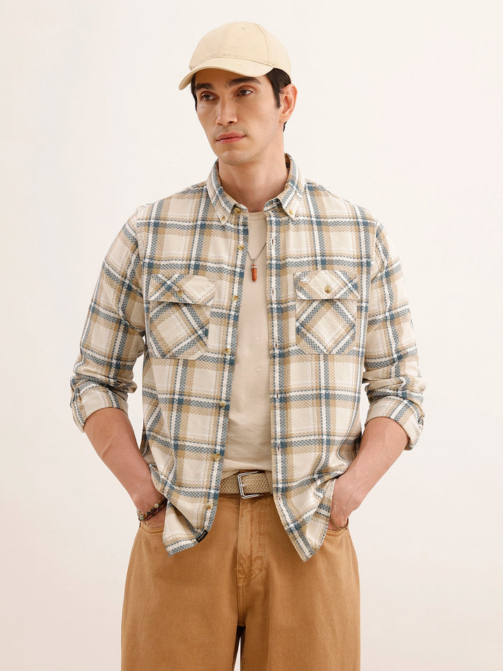 Regular Fit Double Pocket Checkered Shirt | Beige