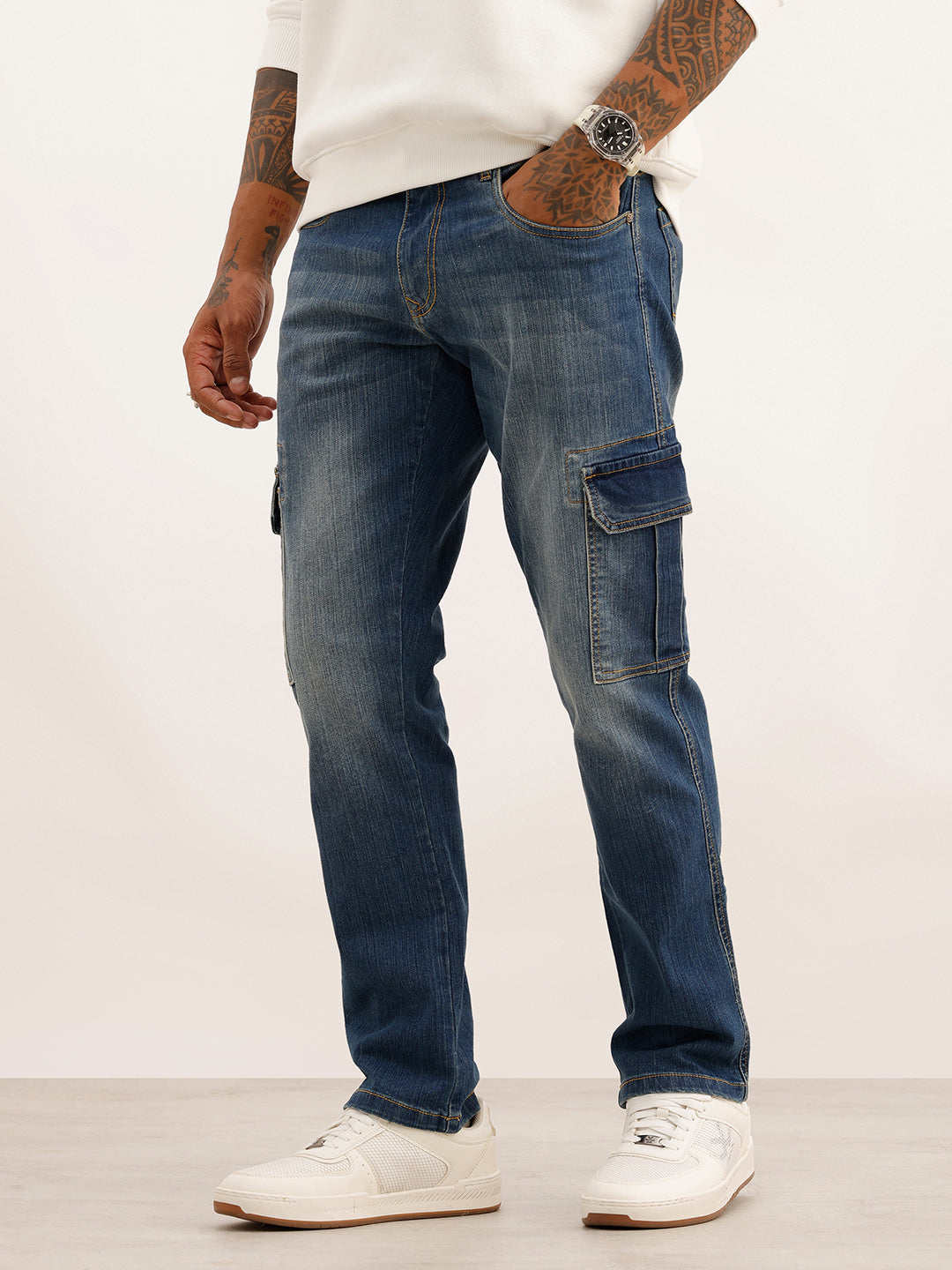 Straight Fit Washed Denim Cargo | Blue