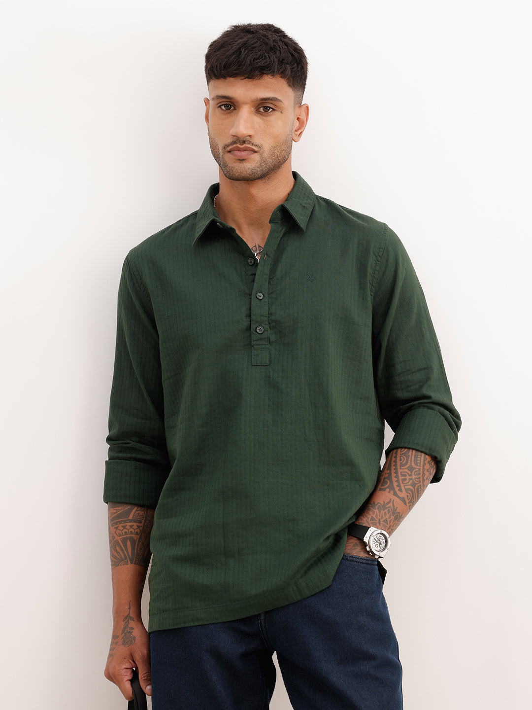 Textured Half Placket Full Sleeve Shirt | Dark Green