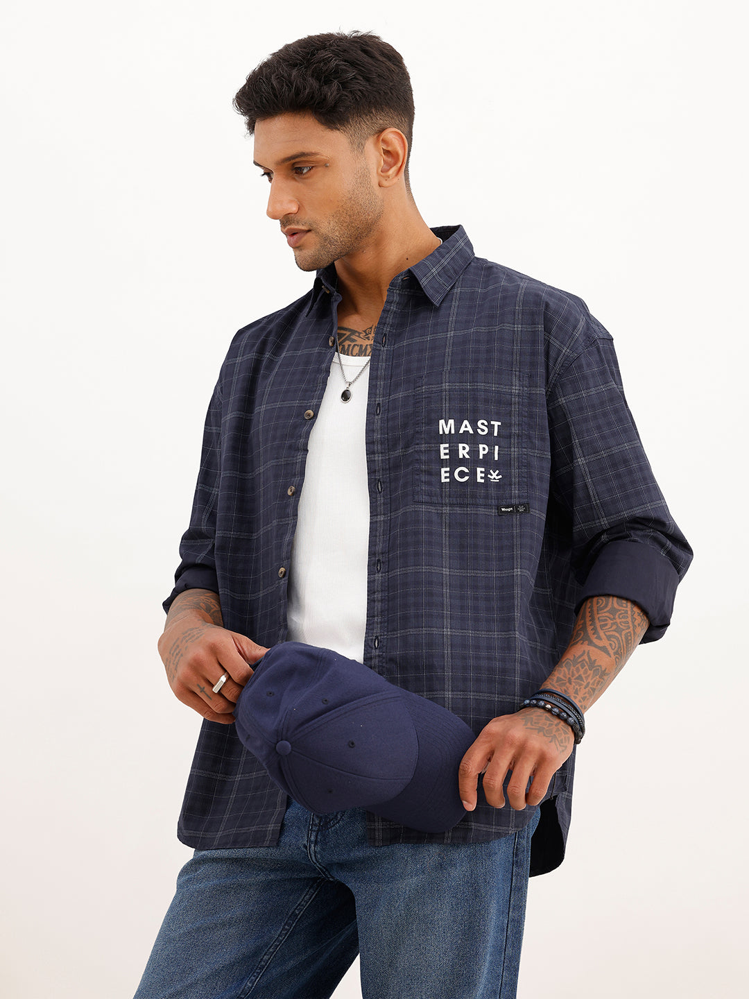Oversized Placement Printed Checkered Shirt | White