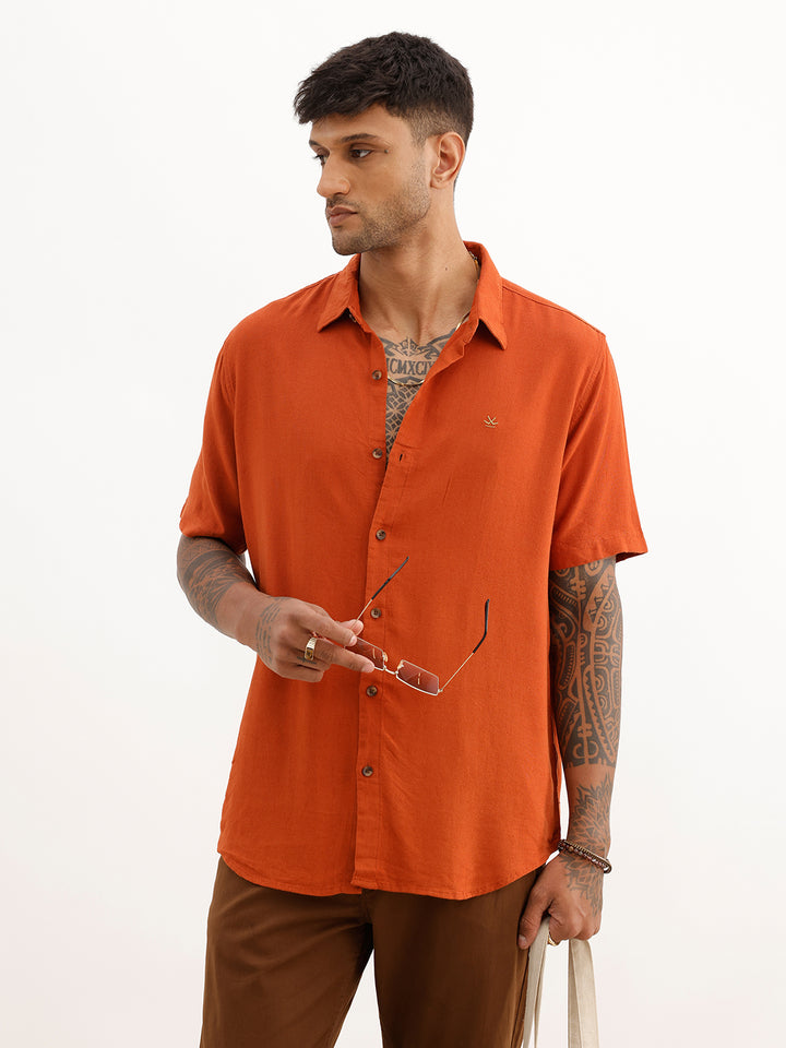 Solid Slim Fit Half Sleeve Shirt | Rust