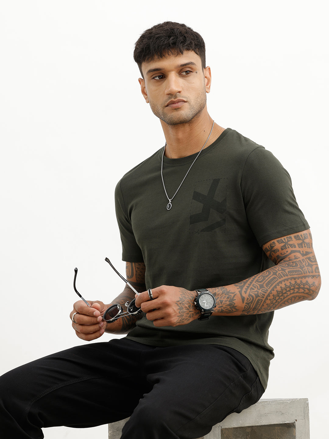 Classic Slim Fit Placement Printed T-Shirt | Olive